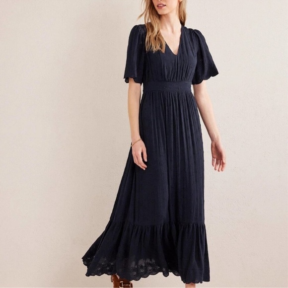 Boden Navy Lace Short Sleeve Maxi Dress Broderie Women’s Size 12 V Neck Long - Picture 5 of 16